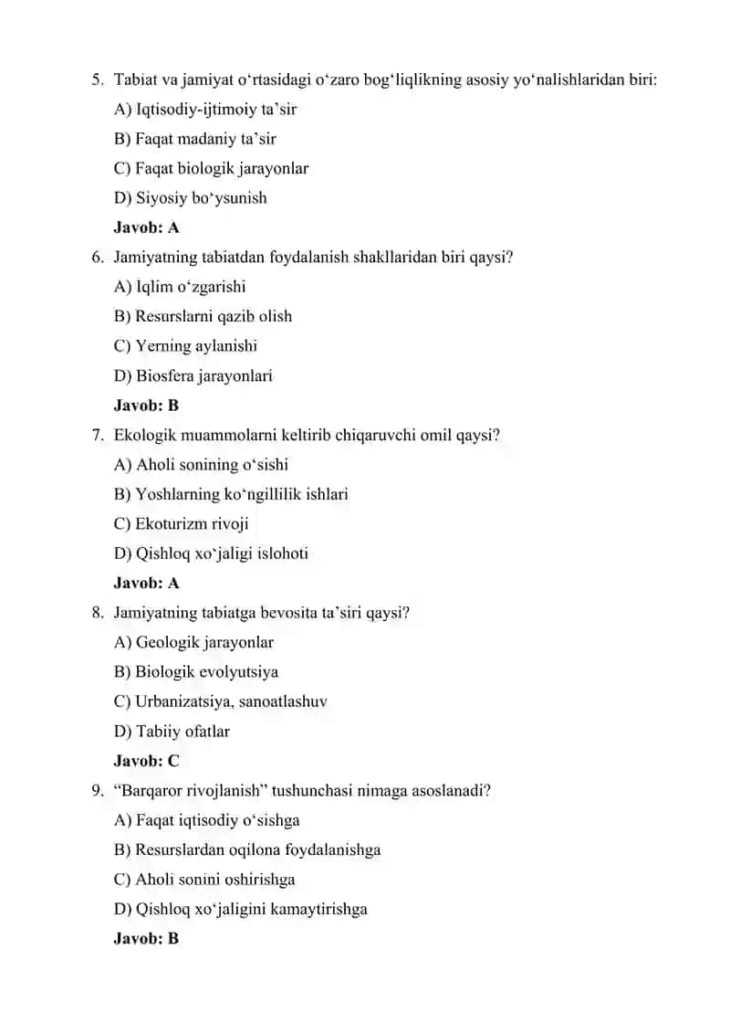 Tabiat va jamiyat o‘rtasidagi o‘zaro bog‘liqlik testlar 2