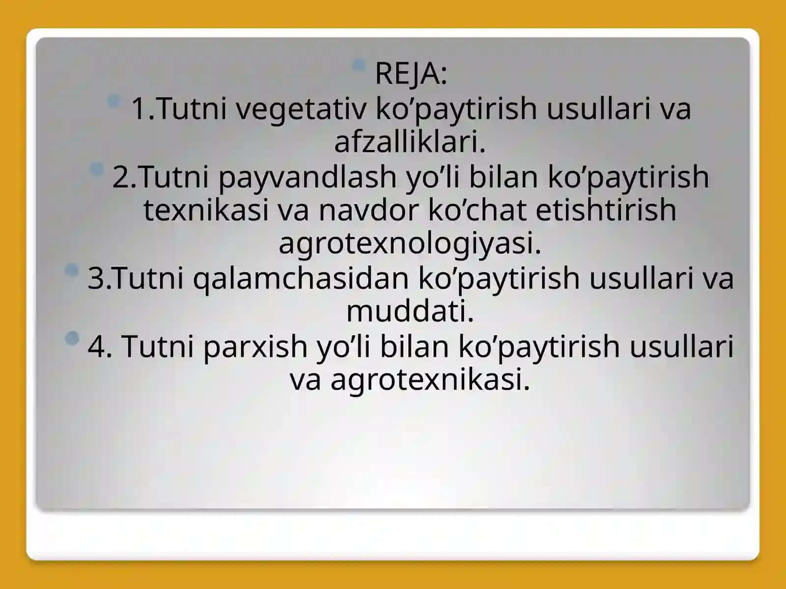 TUTNI VEGETATIV USULLARDA KO’PAYTIRISH VA NAVDOR KO’CHAT ETISHTIRISH AGROTEXNOLOGIYASI 2