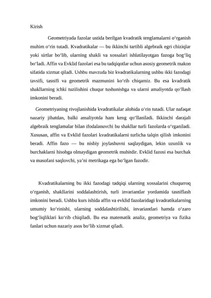 Affin va Evklid fazolaridagi kvadratikalarning o‘zaro bog‘liqligi 2