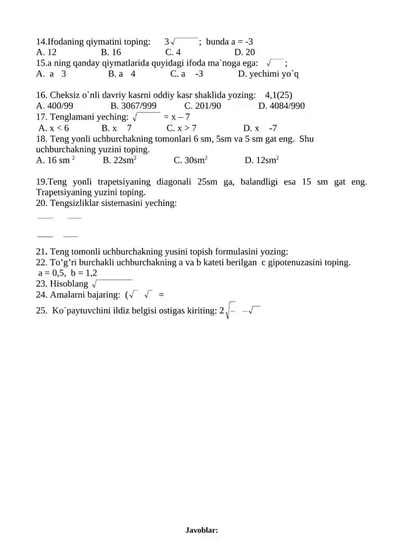 8- sinflar uchun matematikadan test savollari 2