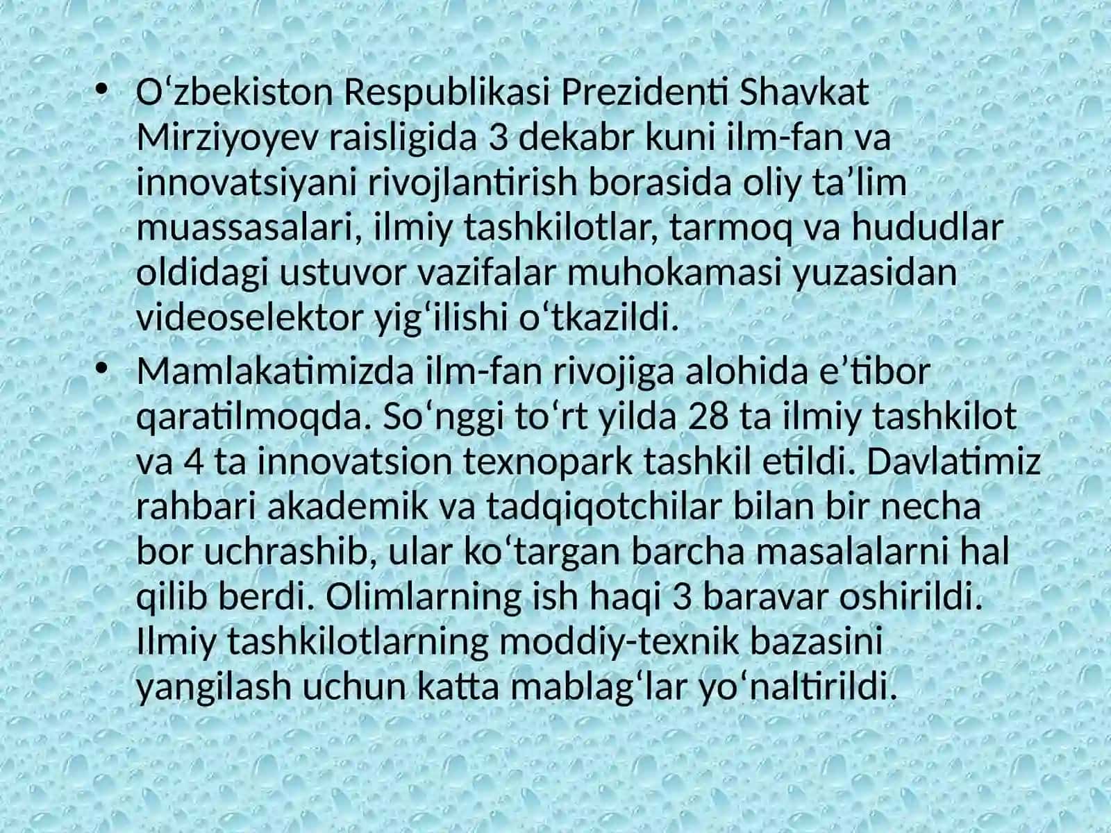 O'zbekiston Respublikasi Prezidenti Shavkat Mirziyoyevning ilm-fanni rivojlantirish borasidagi tashabbuslari 2