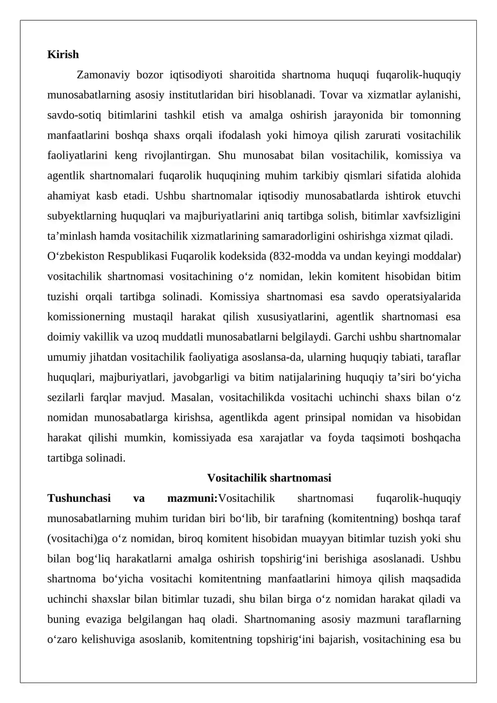 Vositachilik, komissiya va agentlik shartnomalarining o‘zaro farqlari 2