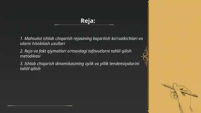 Mahsulot ishlab chiqarish rejasining bajarilishi va dinamikasini tahlili. Mahsulot strukturasini ishlab chiqarilgan mahsulot hajmiga ta'sirini tahlili 2