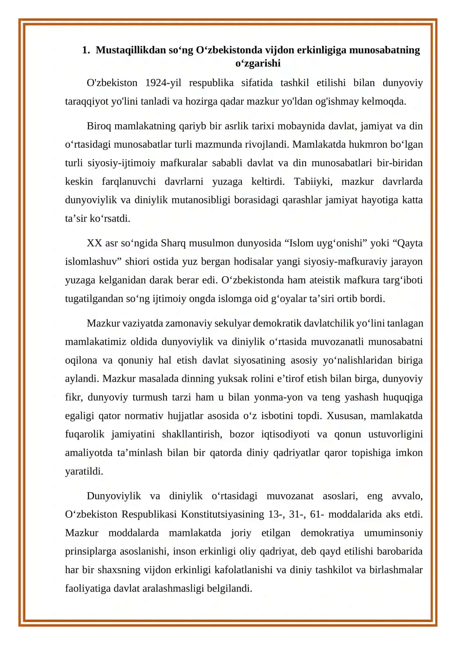 Mustaqillik va Oʻzbekiston Respublikasi Konstitutsiyasi tomonidan vijdon erkinligining kafolatlanishi 2