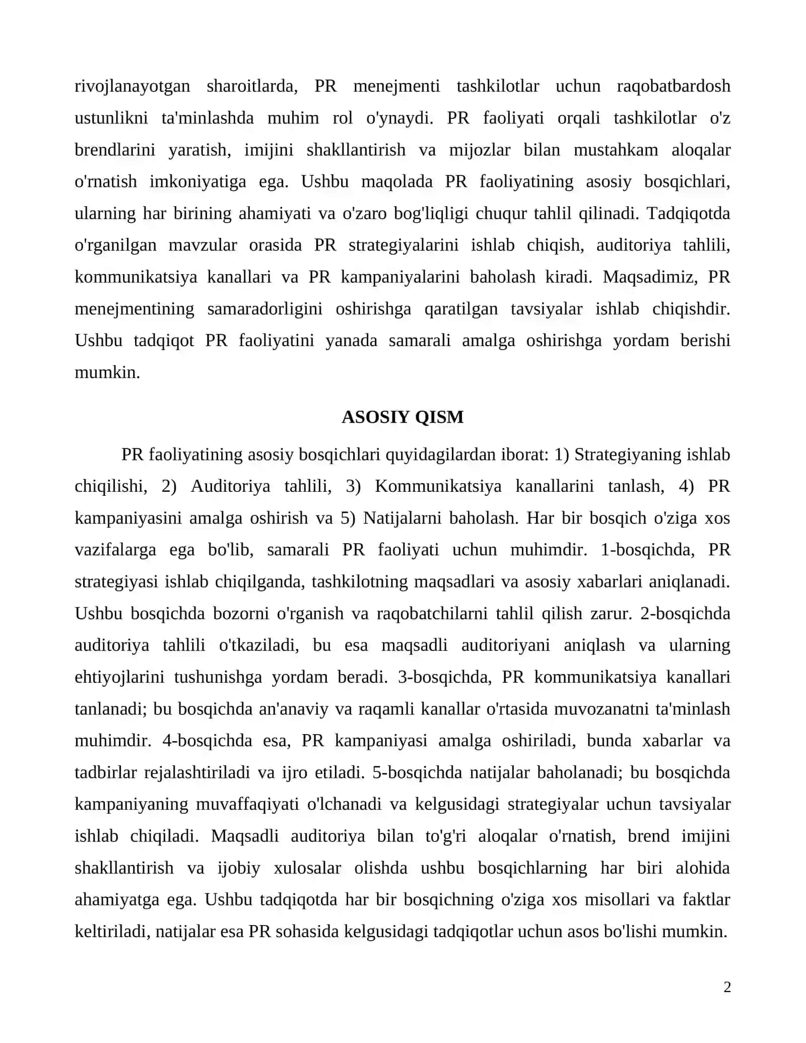 PR faoliyatining asosiy bosqichlari va ularning ahamiyati 2