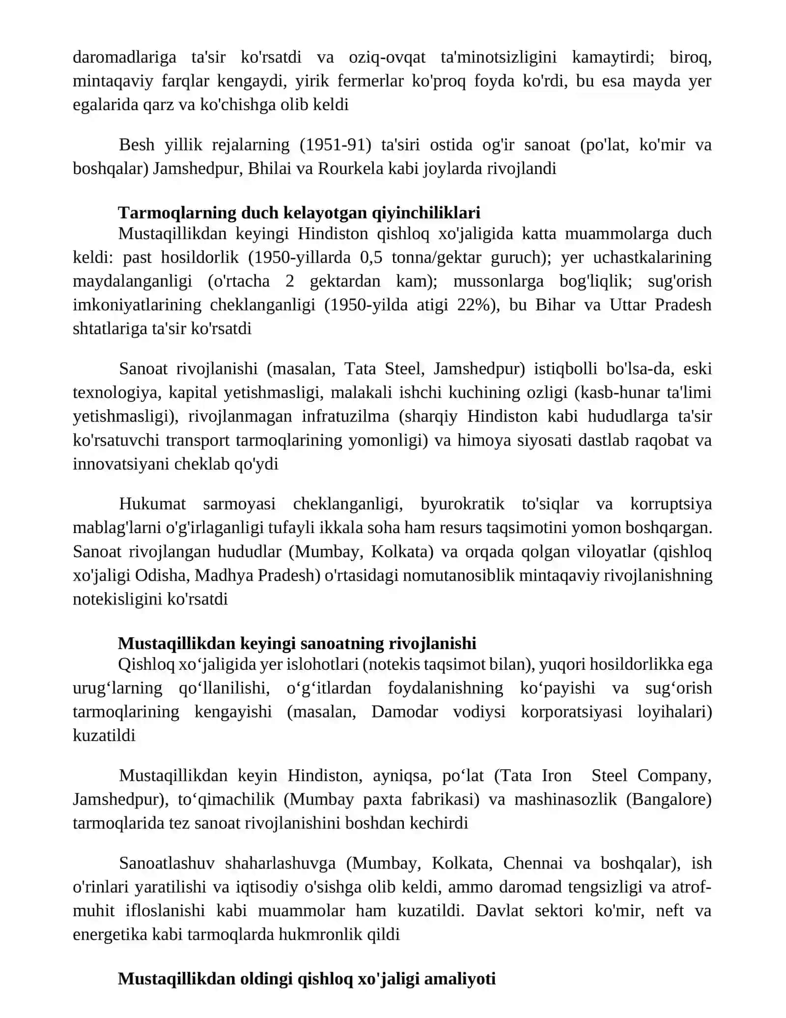 Oʻzgarishlar Mustaqillik yillarida qishloq xoʻjaligi va sanoat sohasidagi 2