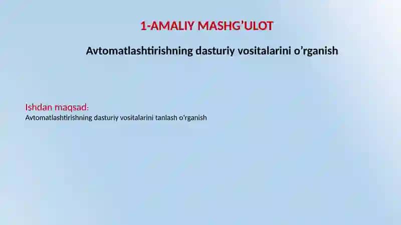 TIQXMMI"MTUning QARSHI IRRIGATSIYA VA AGROTEXNOLOGIYALAR INSTITUTI SANOATKONTROLLERLARI VA ULARNI DASTURLASH fani bo‘yichaamaliy mashg’ulot 2