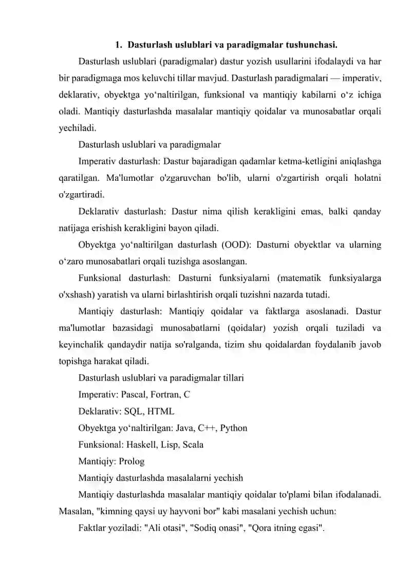 DASTURLASH USLUBLARI VA PARADIGMALAR. DASTURLASH USLUBLARI VA PARADIGMALAR TILLARI. MANTIQIY DASTURLASHDA MASALALARNI YECHISH. 2