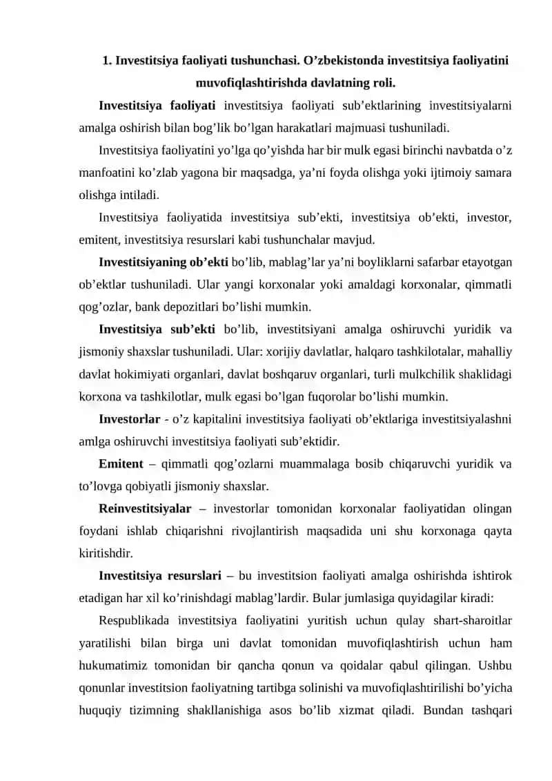 Investitsiya faoliyati ishtirokchisining huquq va majburiyatlari 2