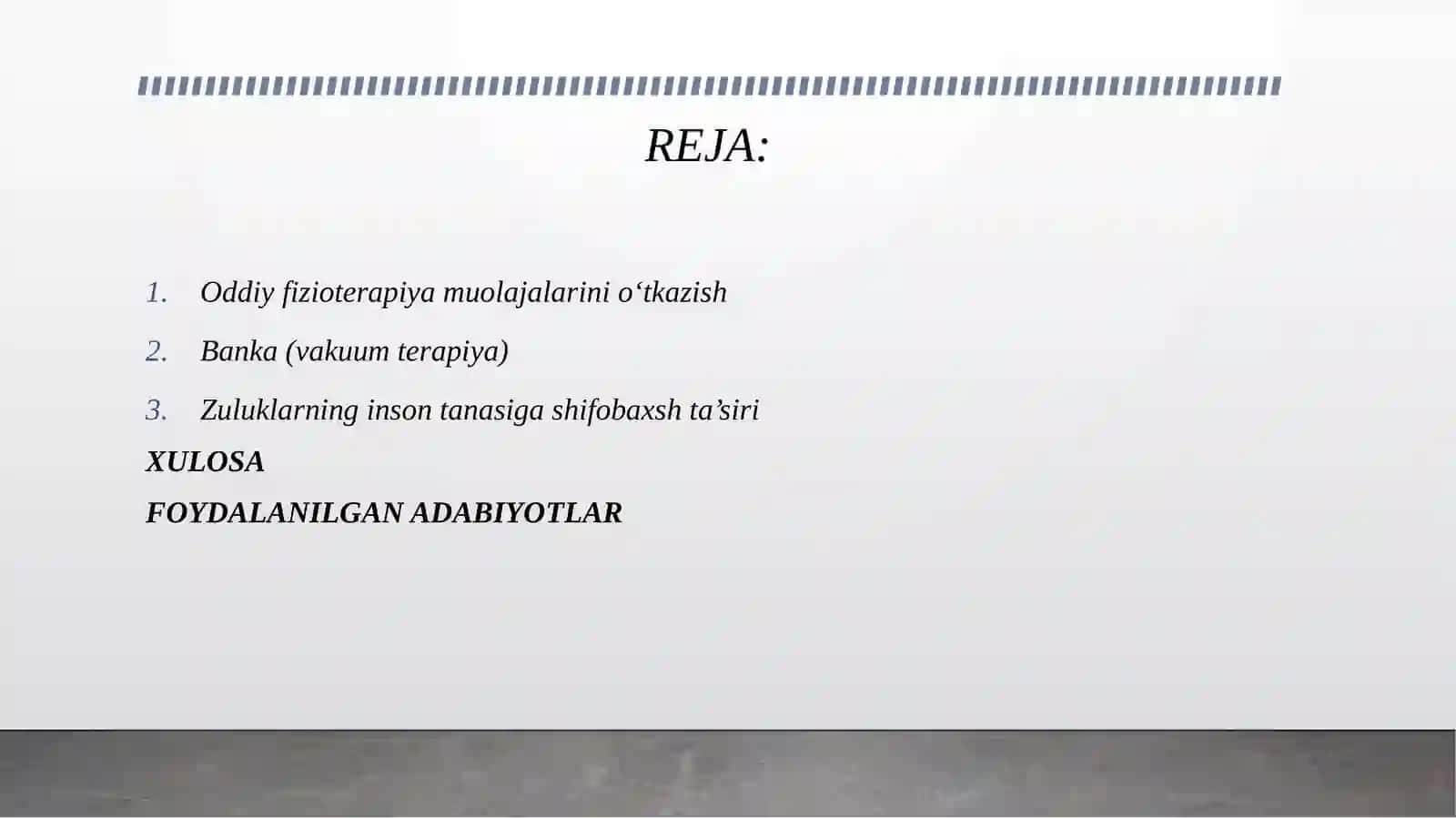 ODDIY FIZIOTERAPIYA MUOLAJALARINI O'TKAZISH. ZULUK QO'YISH TEXNIKASI. 2