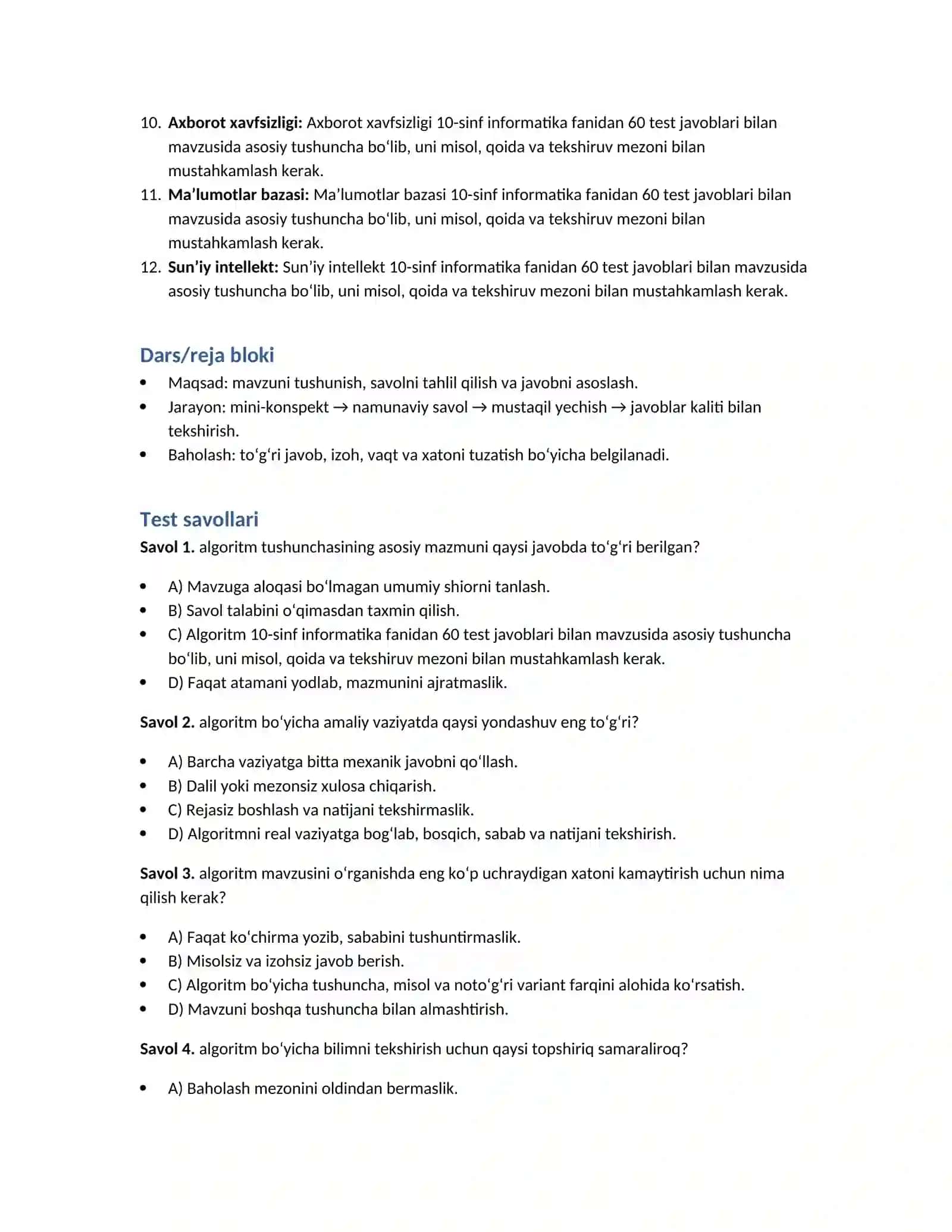 10-sinf informatika fanidan 60 test javoblari bilan 2