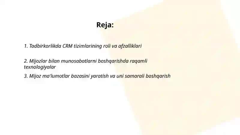 Tadbirkorlikda mijozlar bilan munosabatni boshqarish samaradorligi 2