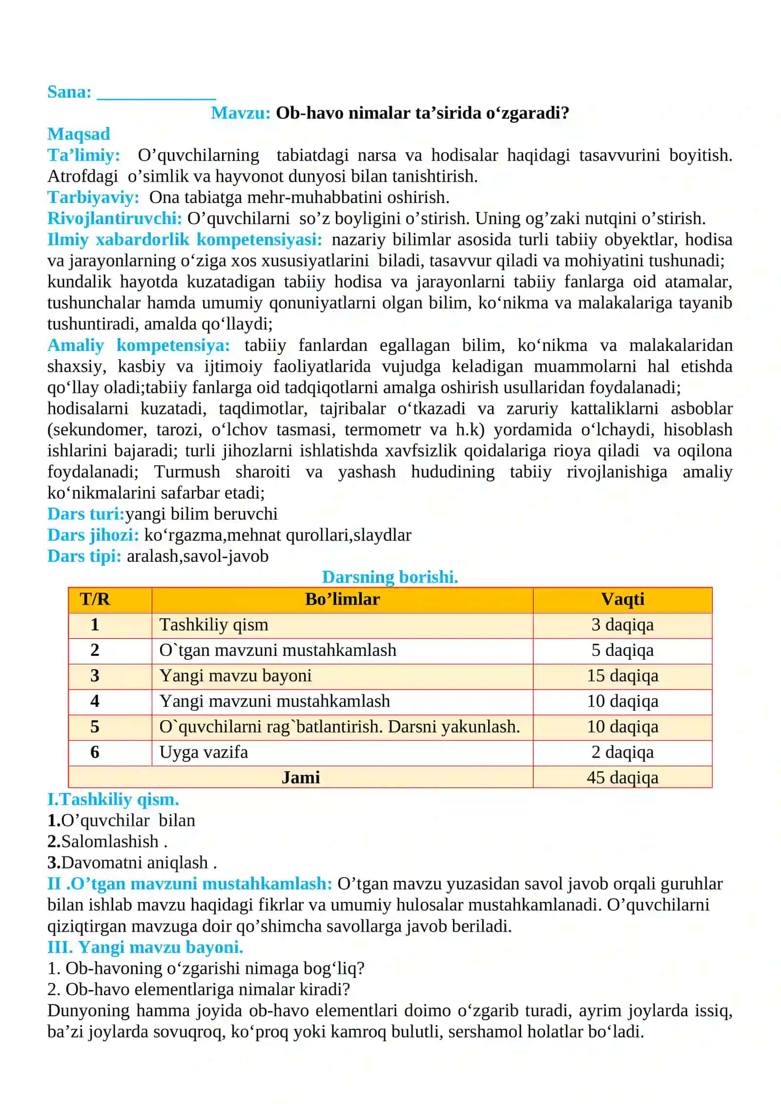 3-sinf Tabiiy fan (Science) Ob-havo nimalar ta'sirida o'zgaradi dars ishlanma 2