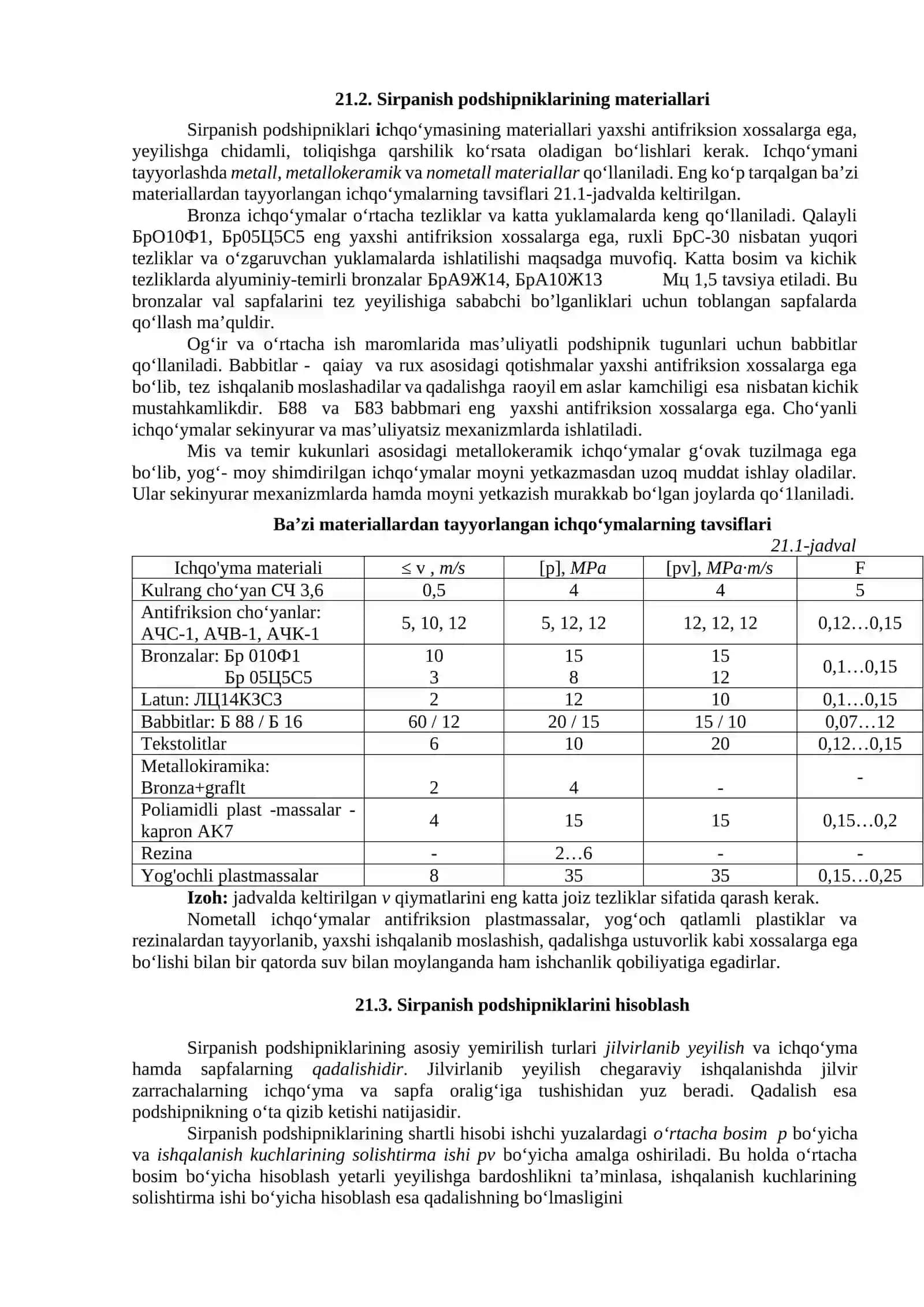 Podshipniklar. Sirpanish podshipniklari va ularni hisoblash asoslari 2
