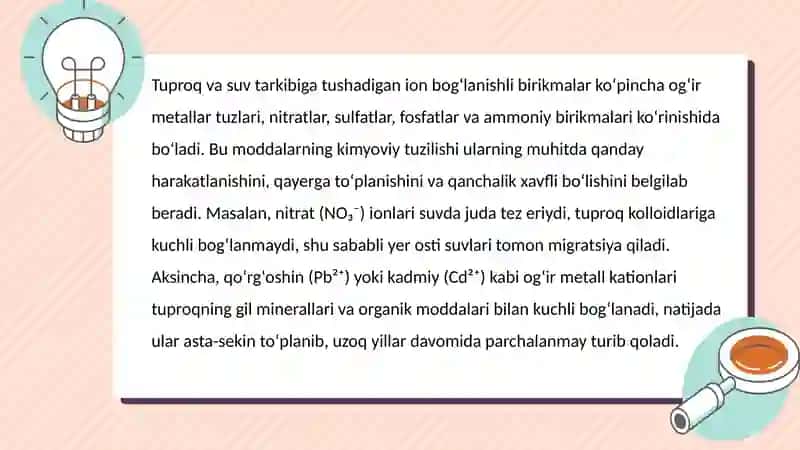 Tuproq va suvning ifloslanishida ion bog'lanishli birikmalarni aniqlab, ulardan tozalash usulini ish 2