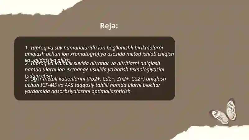 Tuproq va suvning ifloslanishida ion bog'lanishli birikmalarni aniqlab,ulardan tozalash usulini ishlab chiqish 2
