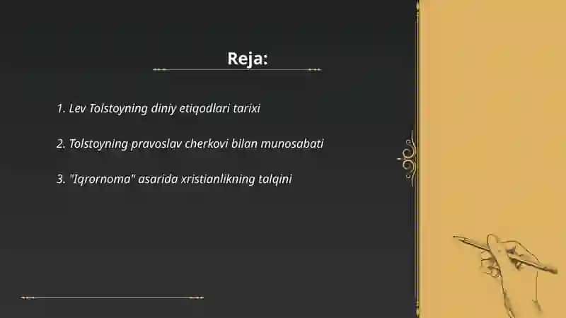 Lev Tolstoyning Iqrornima asridagi diniy etiqodlarini tahlil etish 2