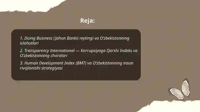 Iqtisodiy ijtimoiy sohadagi ustuvor xalqaro reytinglar va ularga Oʻzbekistonning integratsiyalashuvi 2