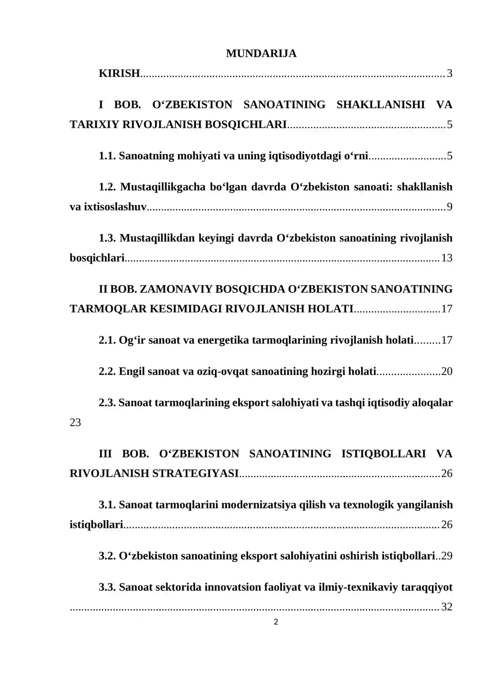O‘ZBEKISTON SANOATINING RIVOJLANISH TENDENTSIYALARI 2