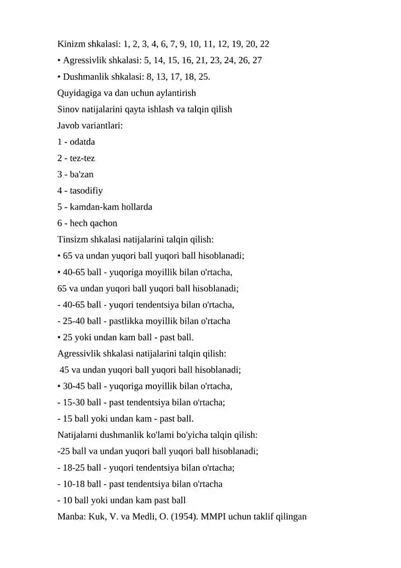 DUSMANLIK DIAGNOZI (Kuk-Medli shkalasi bo'yicha) 2