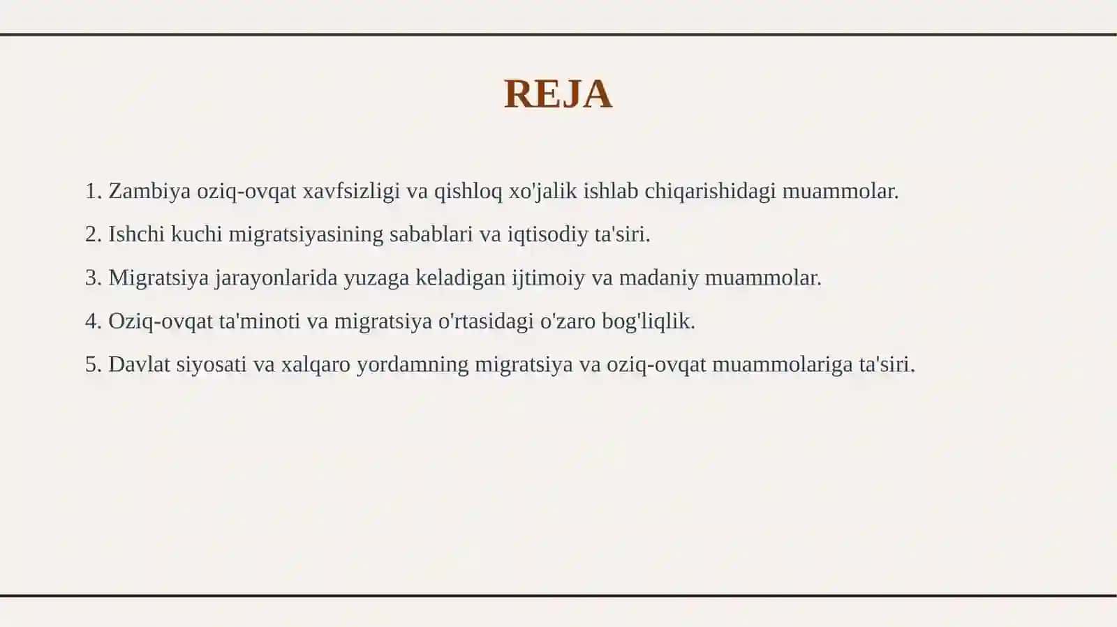 Zambiya davlatining oziq-ovqat muammosi, ishchi kuchi migratsiyasi va migratsiya  jarayonlaridagi muammolar tahlili.12 2