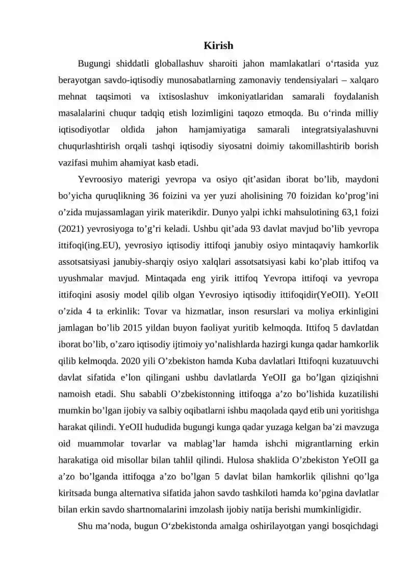 Evro osiyo iqtisodiy ittifoqi bilan hamkorlikning O’zbekiston moliya tizimiga tasiri 2