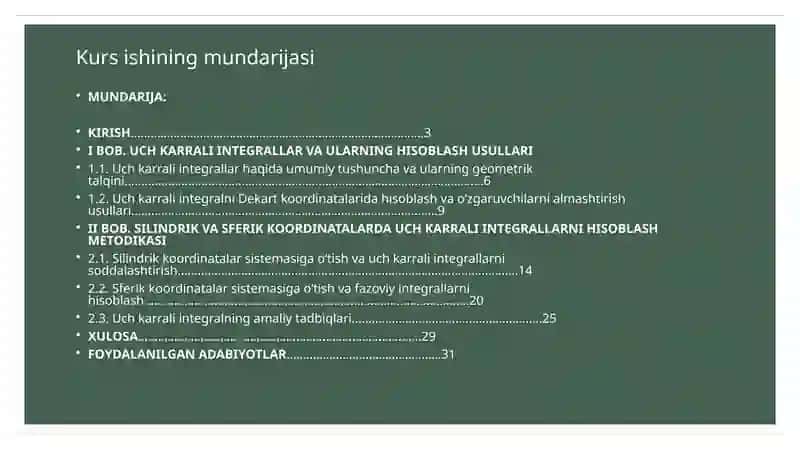 Uch karrali integrallarni hisoblashda silindrik va sferik koordinatalar sistemasidan foydalanish 2