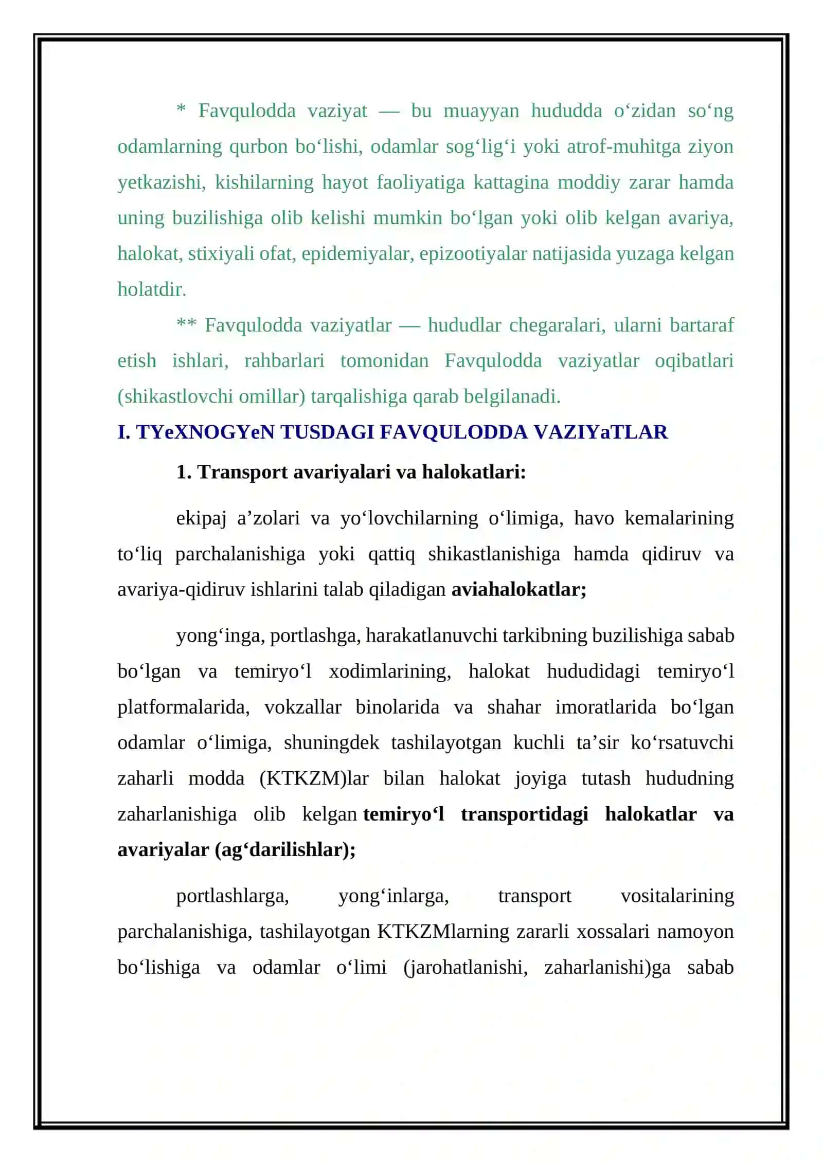 Texnogen, tabiiy va ekologik tusdagi favqulodda vaziyatlarning 2