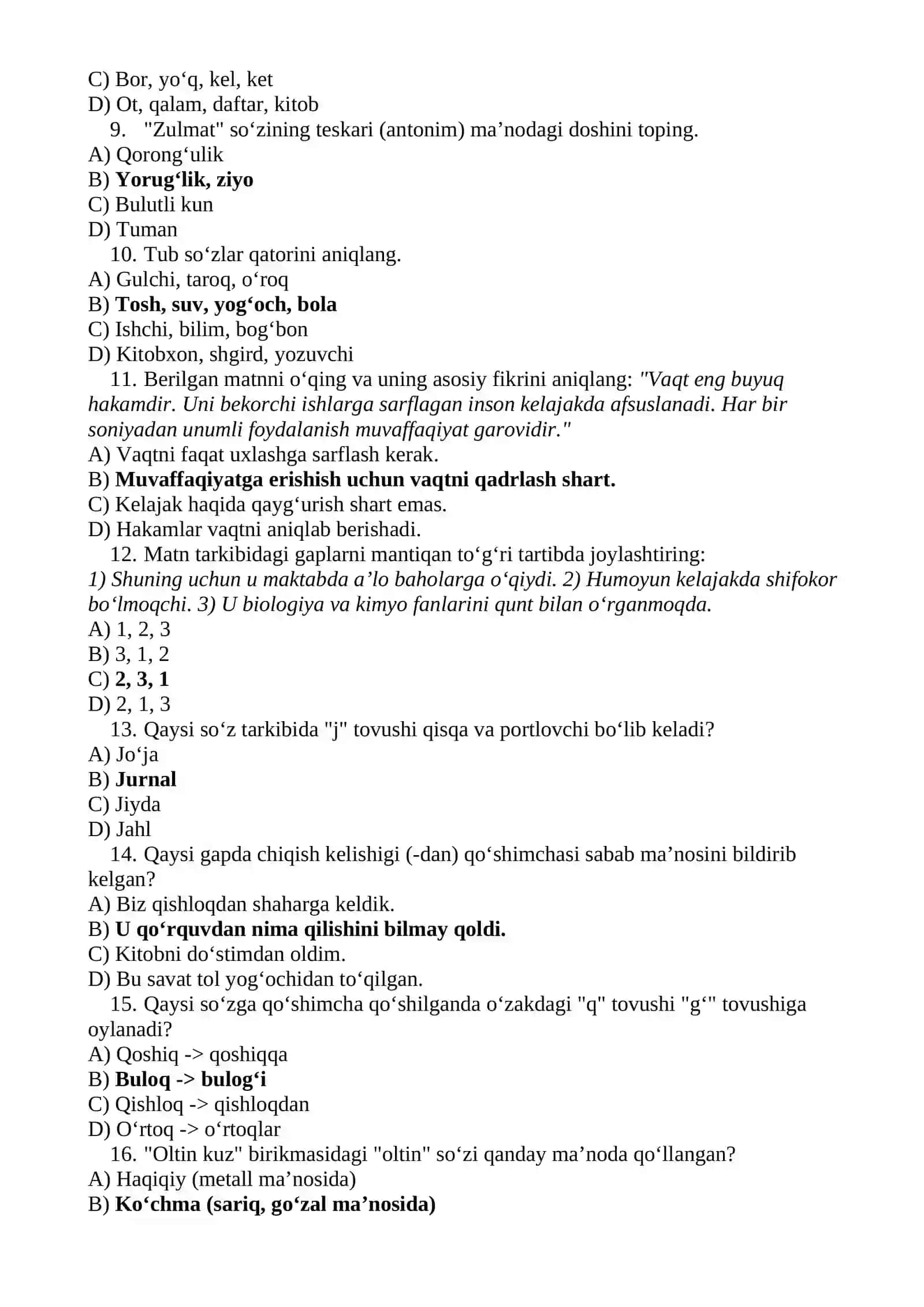 Ijod maktablariga kiruvchilar uchun tayyorgarlik test variantlari II-variantlari (Javoblari bilan) 2