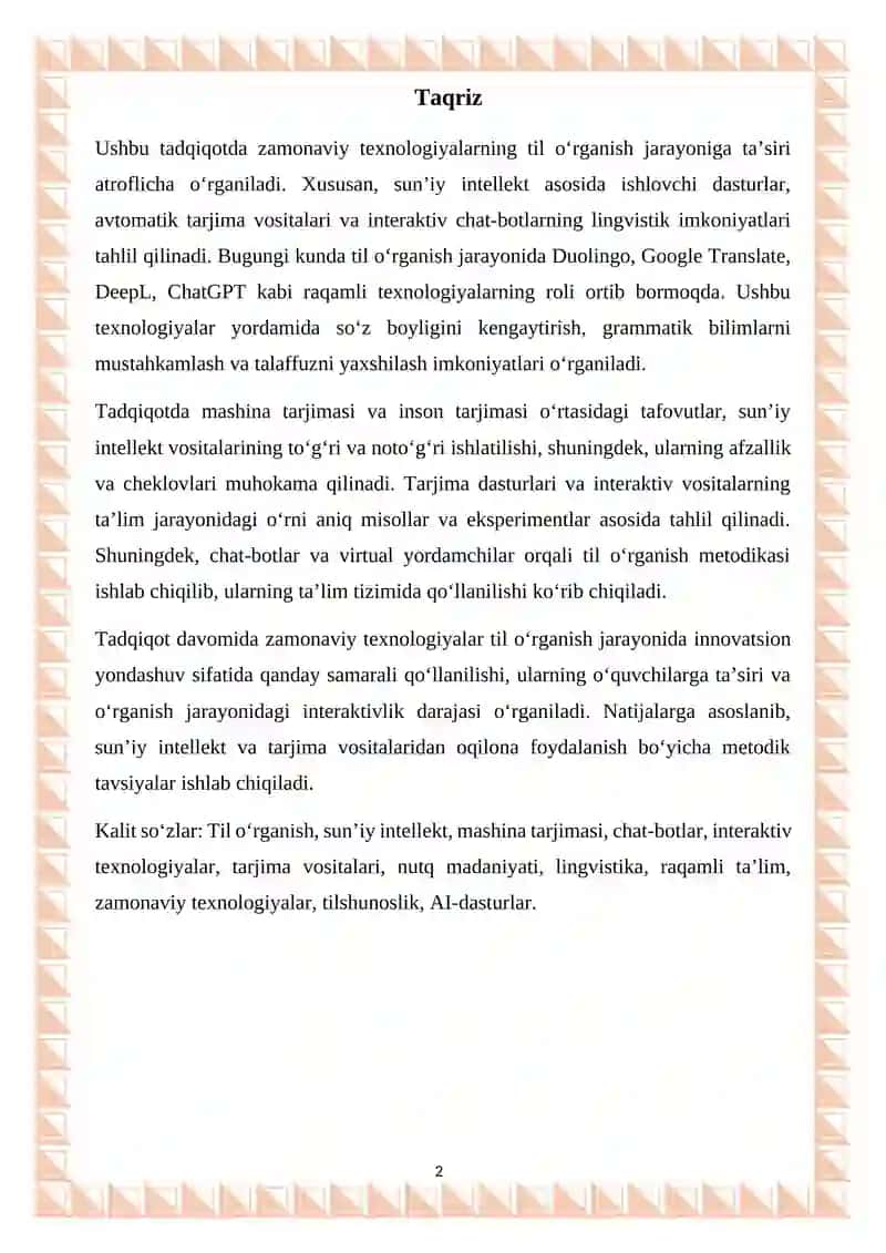 Til va zamonaviy texnologiyalar sunʼiy intellekt,tarjima vositalari,chat bot orqali tilni oʻrganish mavzusidagi metodik tavsiya 2