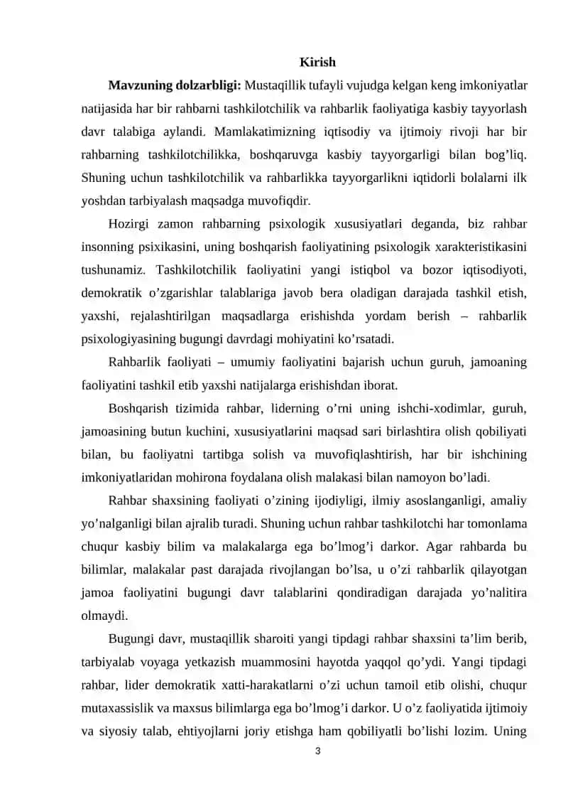 Mustaqil ishlar: Rahbarlik psixologiyasi va boshqaruv 2