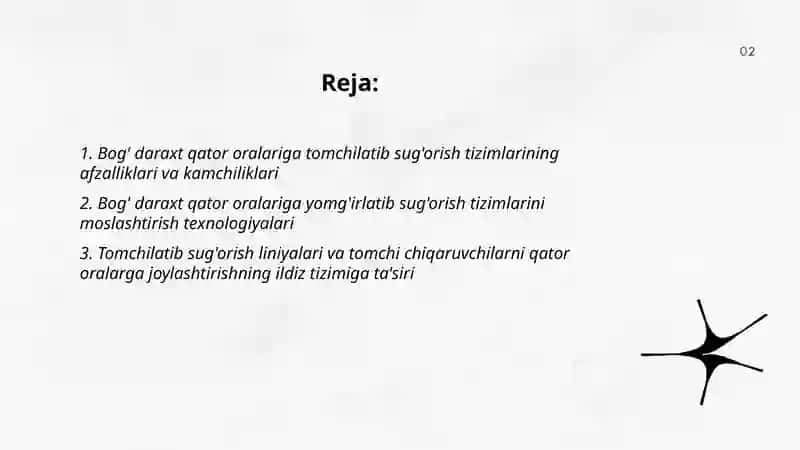 Ekinlarni yomg'irlatib tomchilatib sug'orish tizimlarini bog' daraxt qator oralariga qo'llash va ularning tuzilishini o'rganish 2