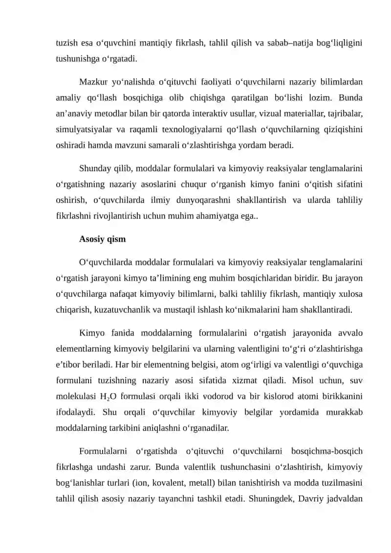 O‘quvchilarda moddalar formulalari va kimyoviy reaksiyalar tenglamalarini o‘rgatishning nazariy asoslari 2
