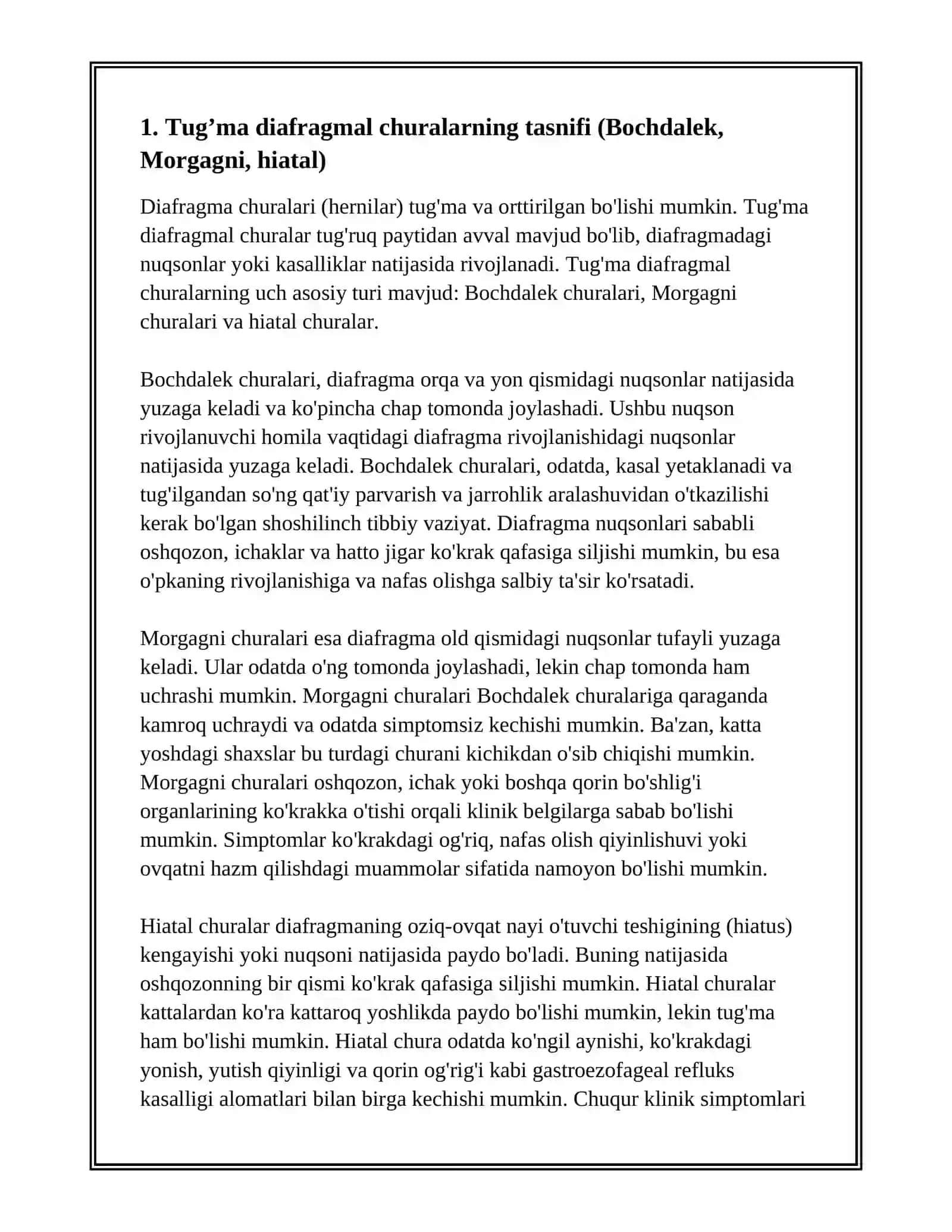 TUG’MA DIAFRAGMAL CHURALAR. OSHQOZON, 12-BARMOQLI ICHAK VA PASTKI ICHAK TUTILISHI NUQSONLARI 2