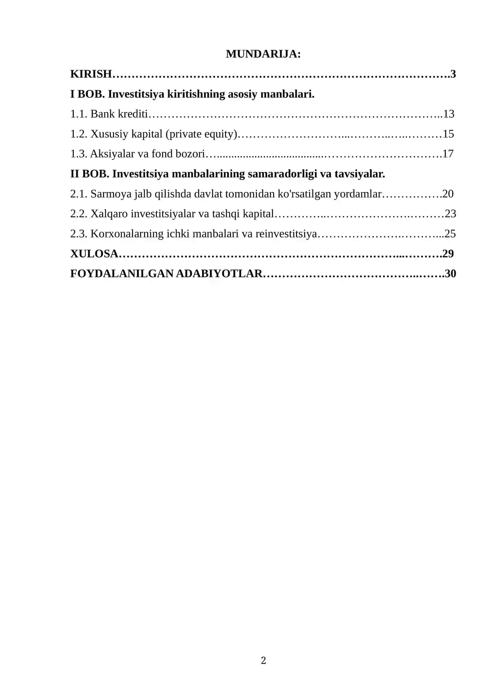 Biznesga investitsiya kiritish manbalari 2