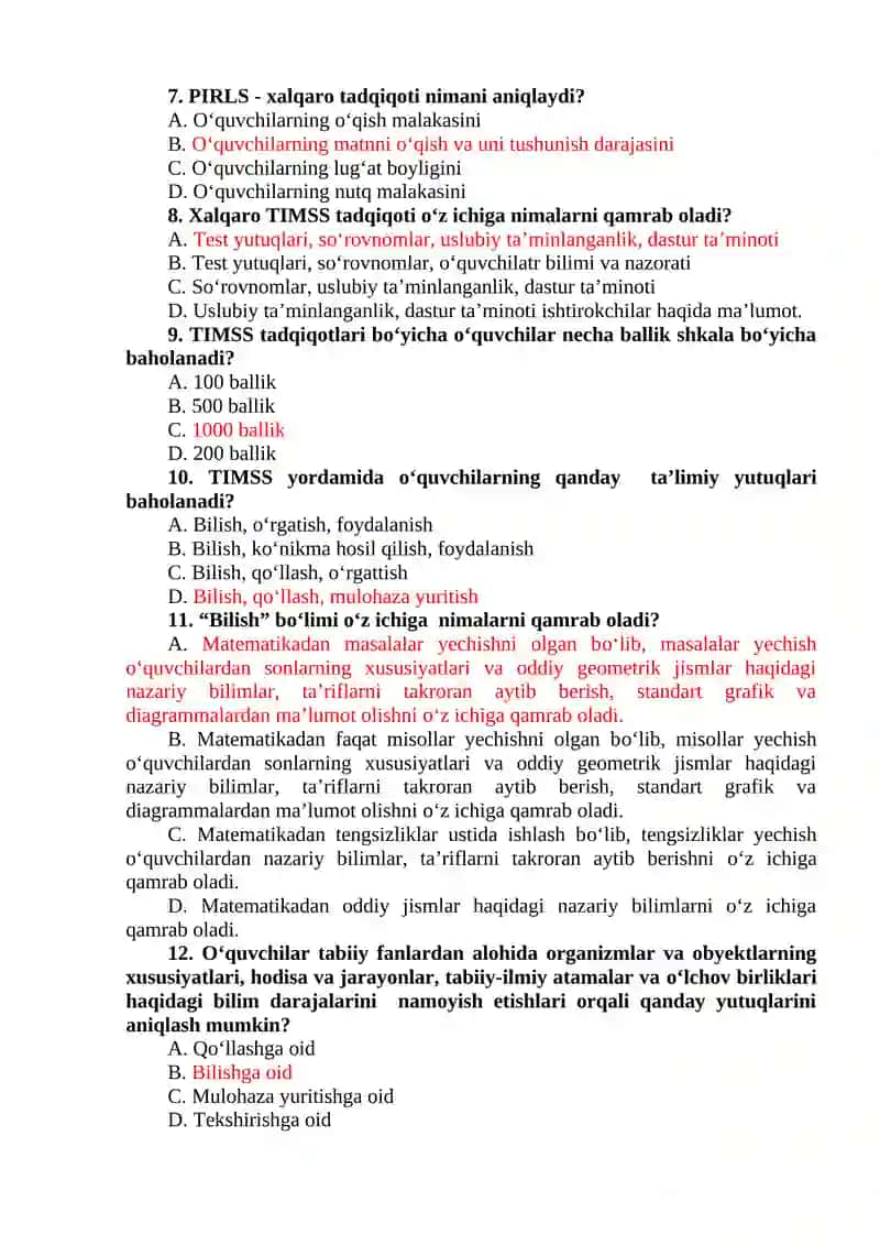 "BOSHLANG‘ICH TA’LIMNING XALQARO DASTURLARI” FANIDAN 4-KURS BOSHLANG’ICH TA’LIM (SIRTQI) YO‘NALISHI TALABALARI UCHUN YAKUNIY NAZORAT SAVOLLARI 2