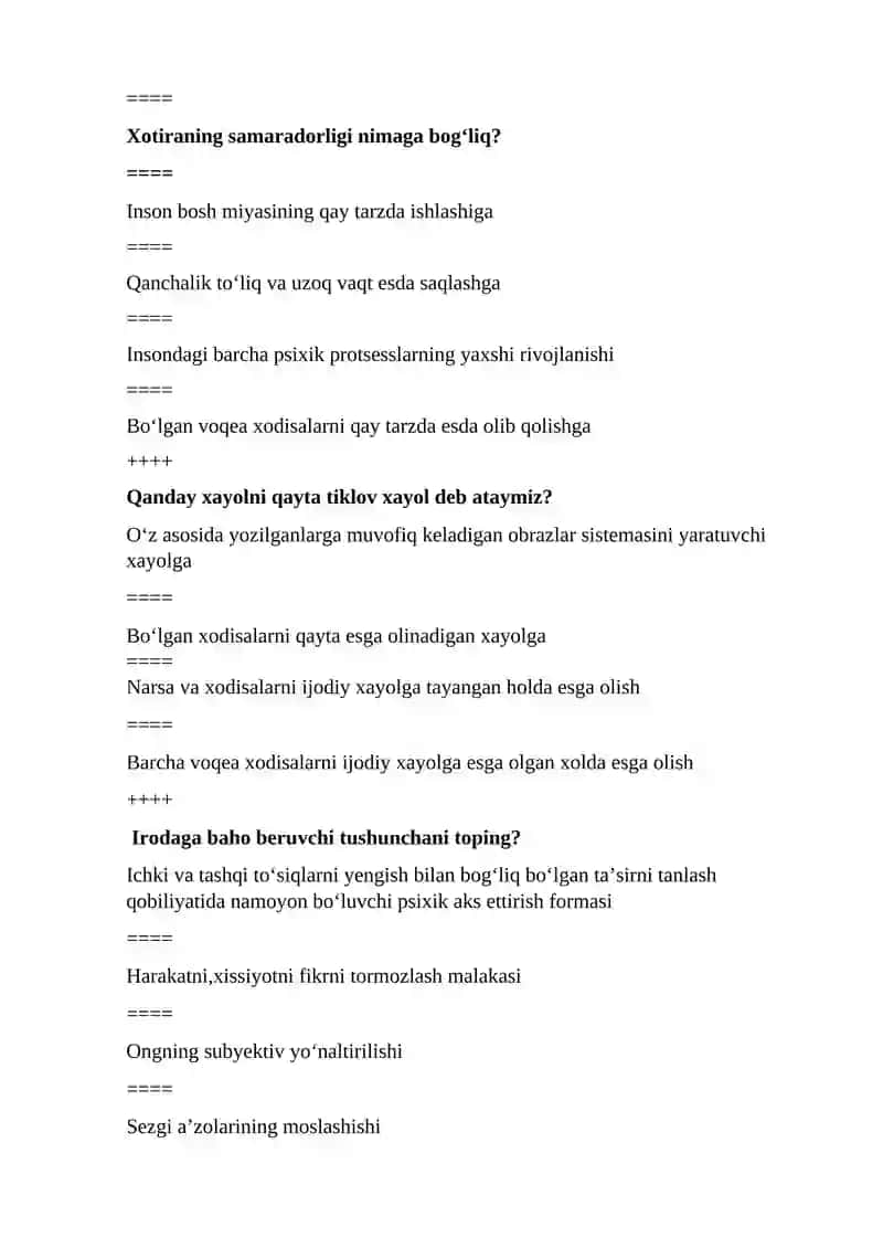 UMUMIY PSIXOLOGIYASI FANIDAN TEST SAVOLLARI 2