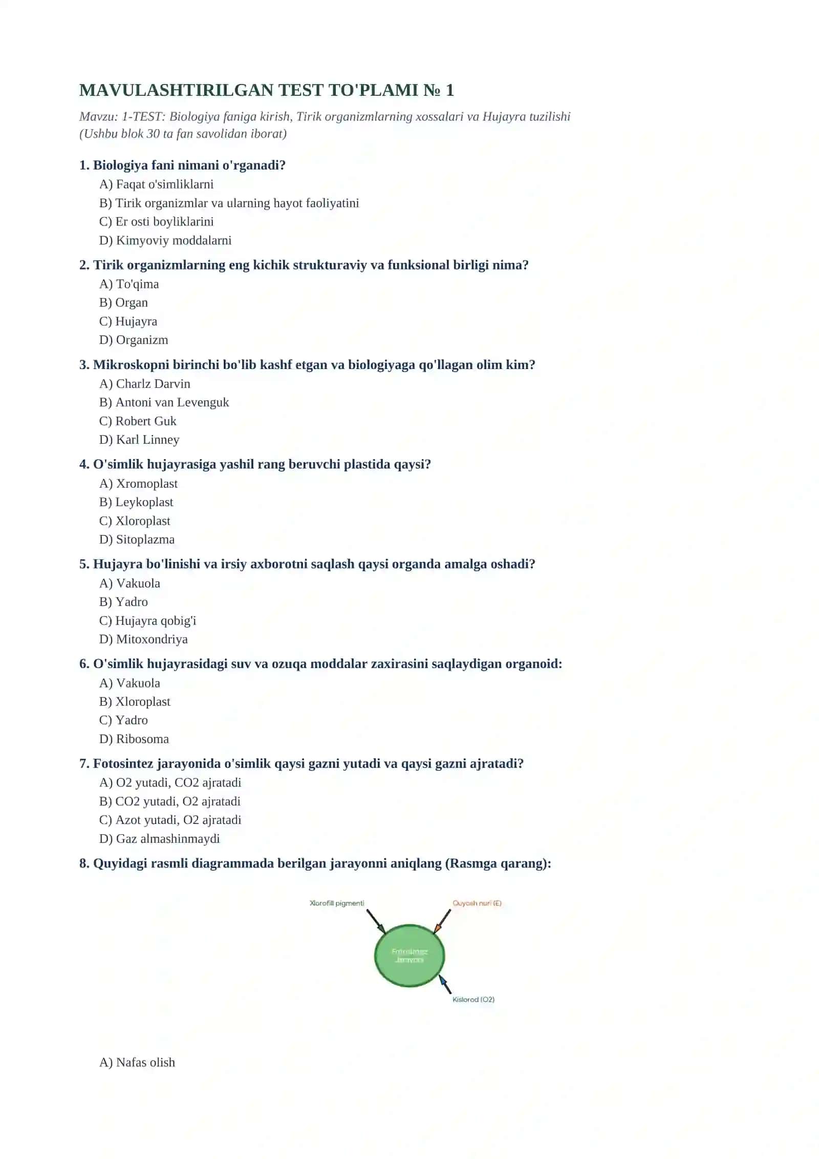 5- sinf Biologiya , mavzulashtirilgan testlar to'plami 2