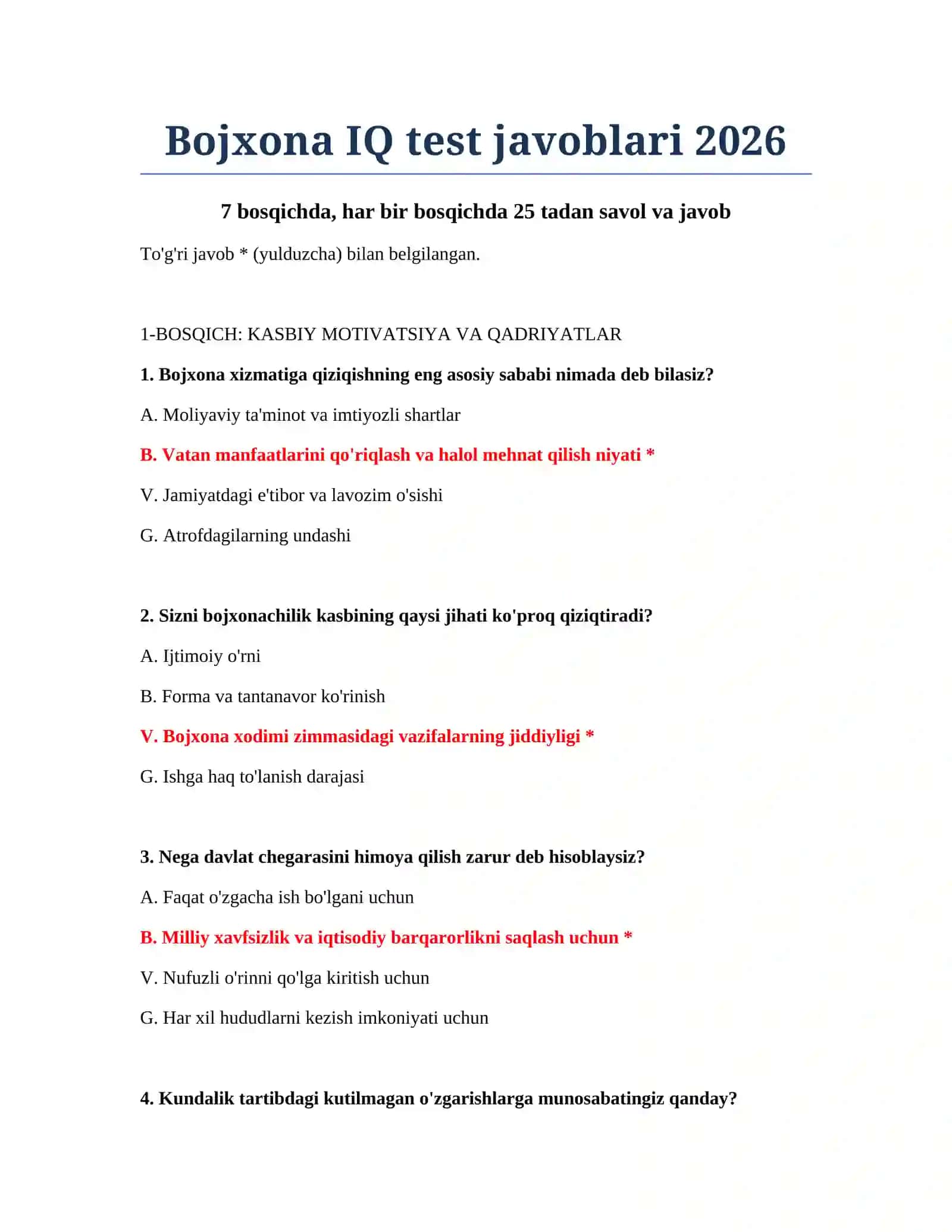 Bojxona IQ test javoblari 2026 2
