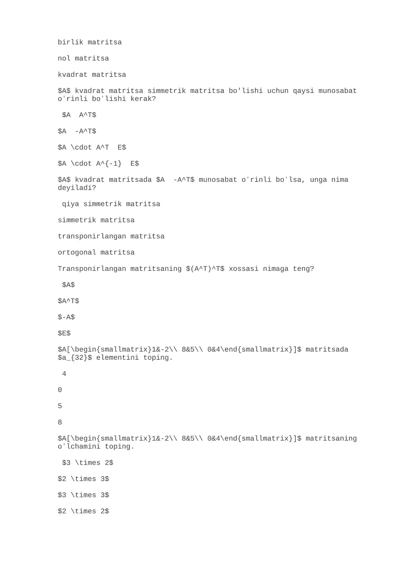 Savollar CHIZIQLI ALGEBRA 2