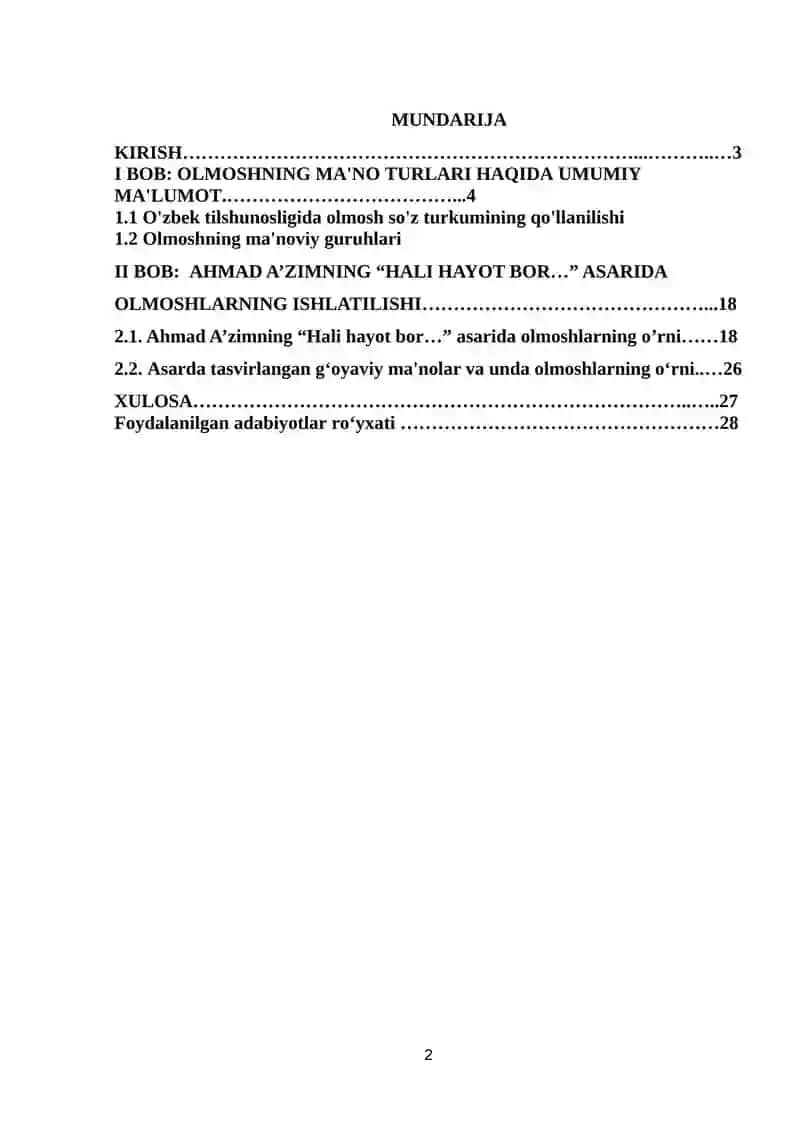 OLMOSHLARNING MA’NO TURLARI(AHMAD A’ZIMNING “HALI HAYOT BOR…” ASARI MISOLIDA) MAVZUSI 2