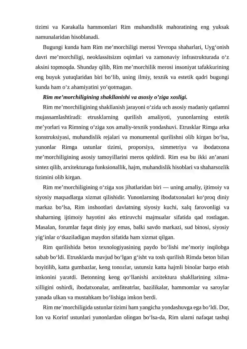 QADIMGI RIM ME’MORCHILIGI VA MUHANDISLIK YUTUQLARI 2