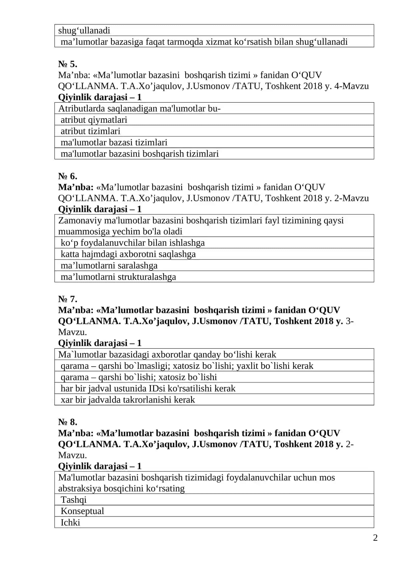Ma’lumotlar bazasi fanidan 200 ta Test savollari 2