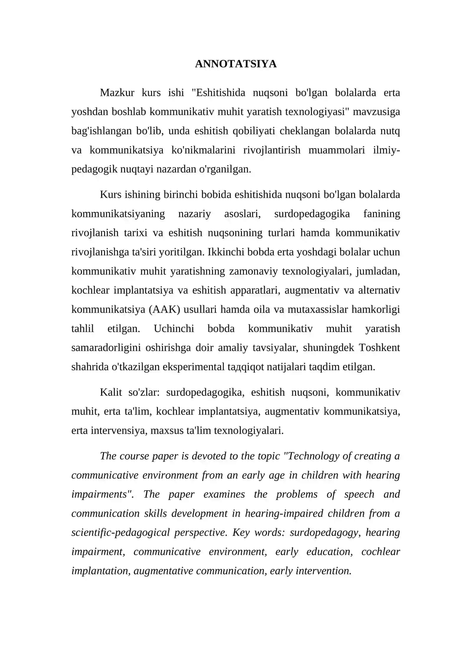 "Eshitishida nuqsoni bo'lgan bolalarda erta yoshdan boshlab kommunikativ muhit yaratish texnologiyasi" 2