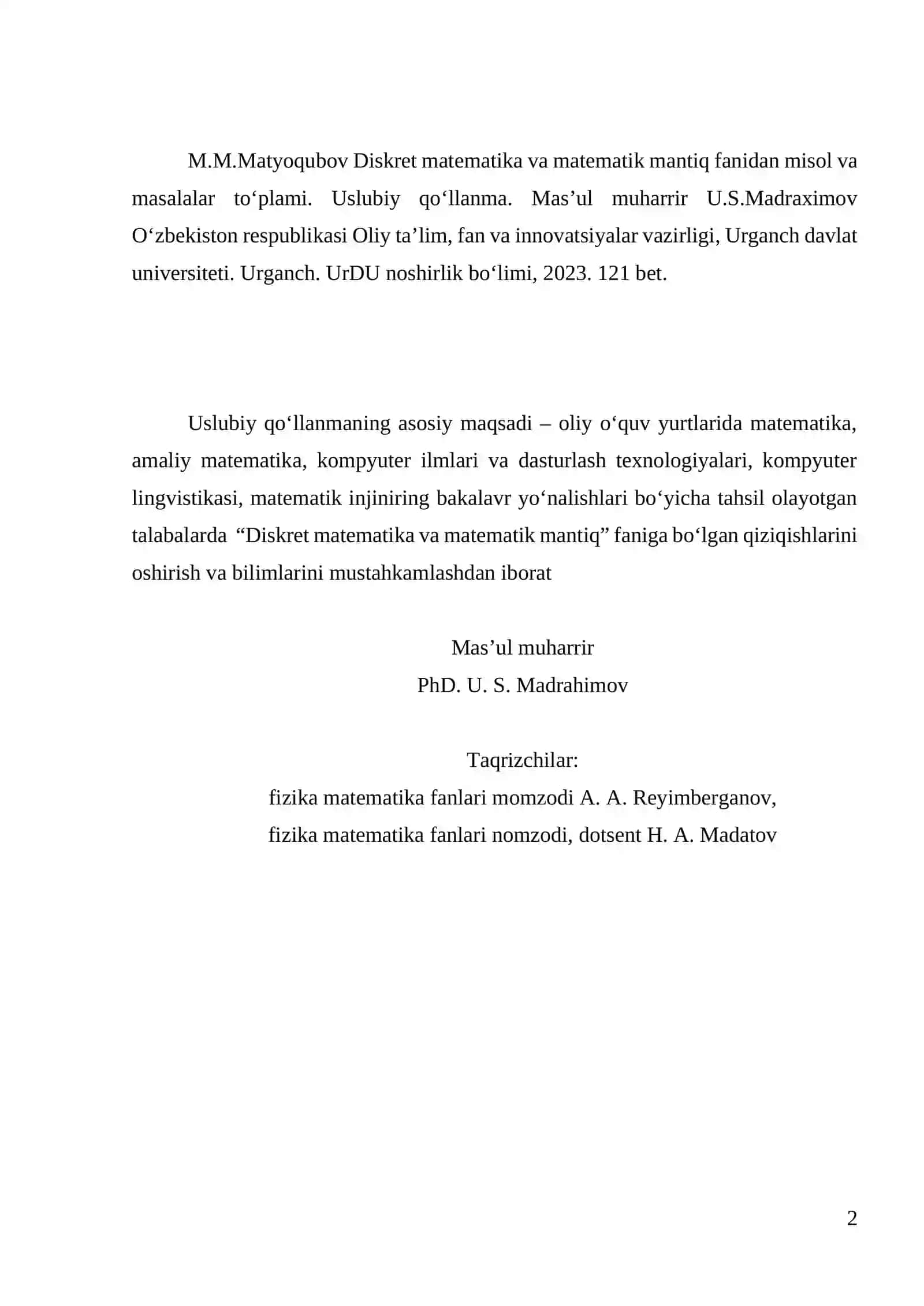 Diskret matematika va matematik mantiq fanidan misol va masalalar to‘plami 2