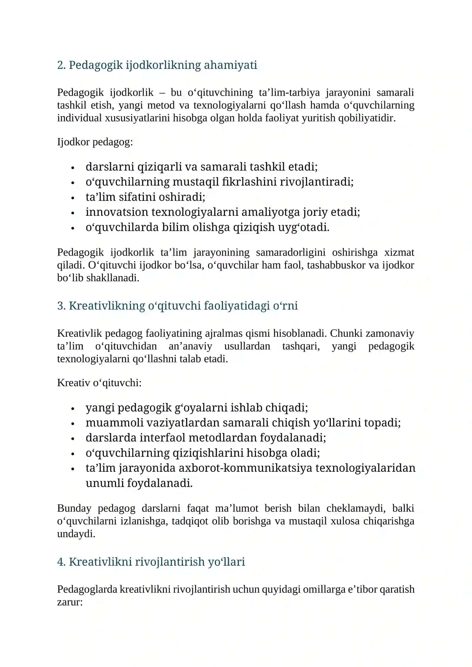 KREATIVLIK – PEDAGOGIK IJODKORLIKNING ASOSI 2