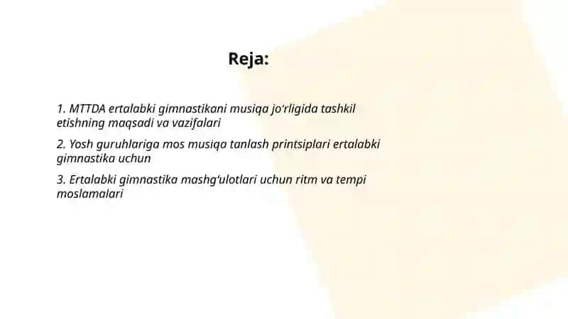 MTTDA ertalabki gimnastikani musiqa joʻrligida tashkil etish 2