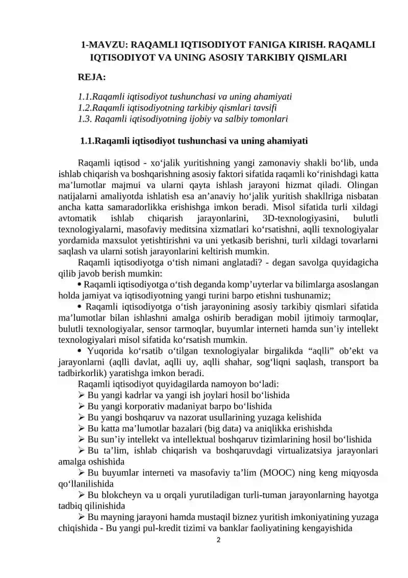 RAQAMLI IQTISODIYOT FANIGA KIRISH. RAQAMLI IQTISODIYOT VA UNING ASOSIY TARKIBIY QISMLARI 2