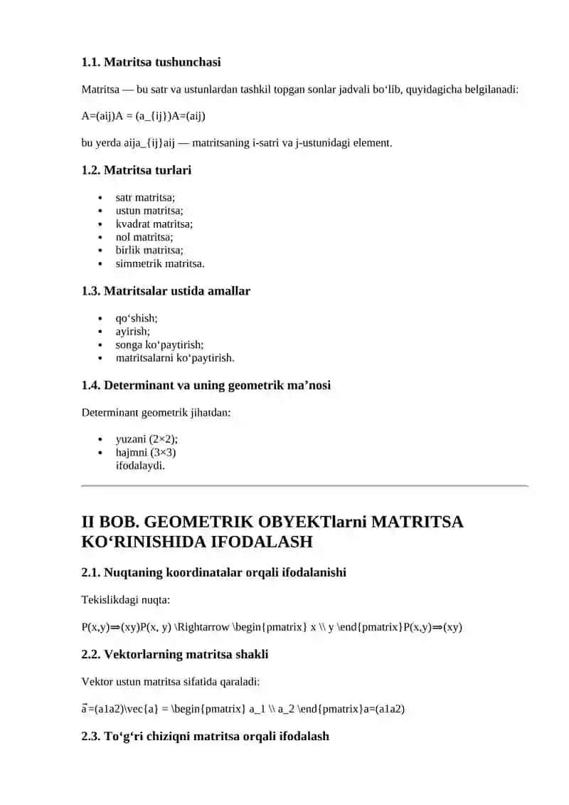 Matritsalarni Geometrik Masalalarni Yechishda Qo‘llash 2