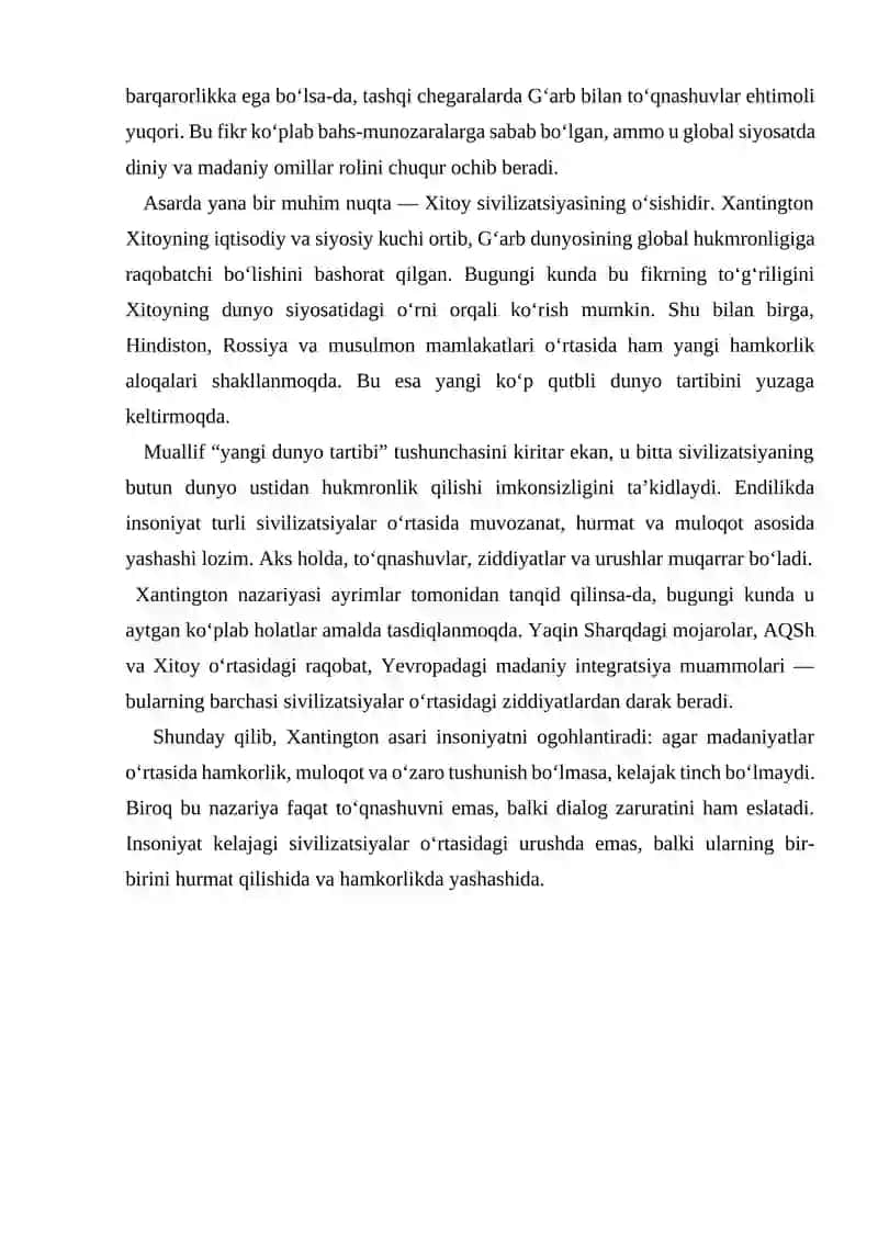 Samuel Xantingtonning “Sivilizatsiyalar to‘qnashuvi va yangi dunyo tartibi” 2